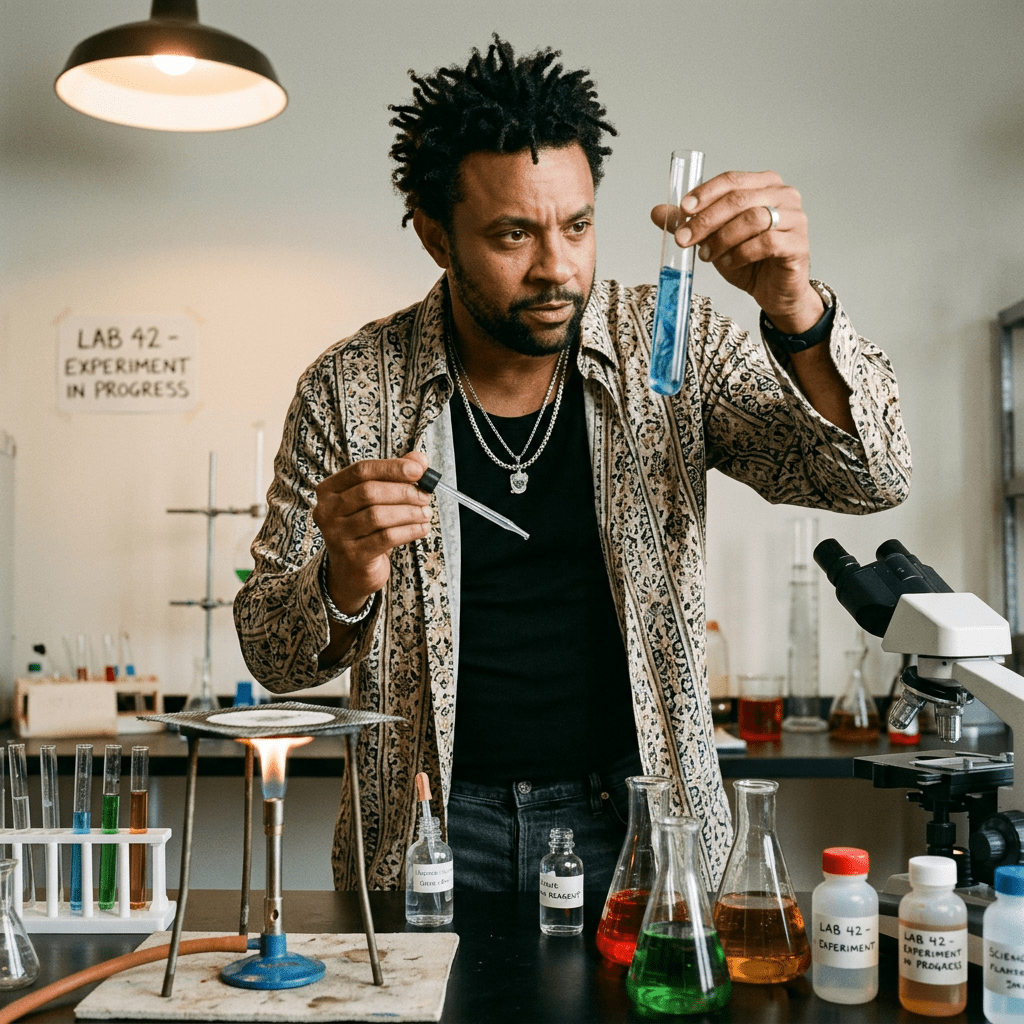Scientist holding test tube with blue liquid and pipette in laboratory